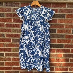 Anna-Kaci White and Blue Floral Lace Trim Short Sleeve Mini Dress